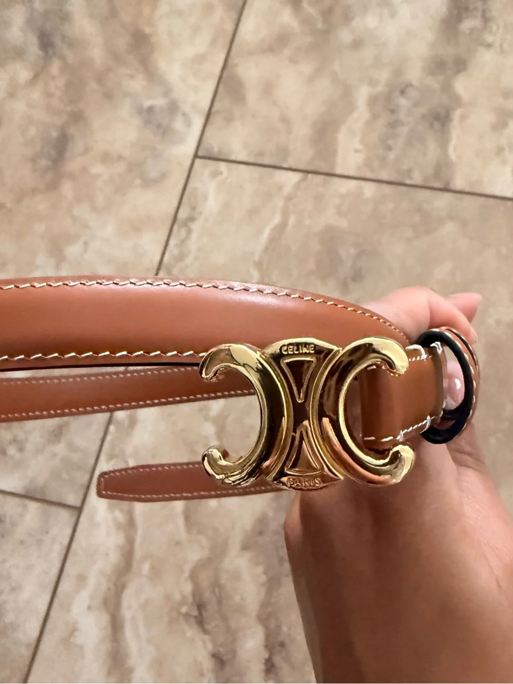 Celine Tan calf skin Belt with Gold Triomphe Buckle